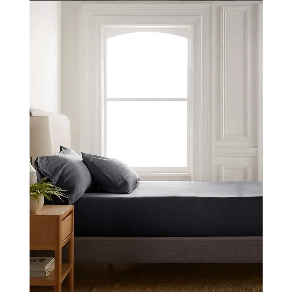 New Quince European Linen Full Fitted Sheet 3Pc Set 2 Pillow Cases Charcoal Gray